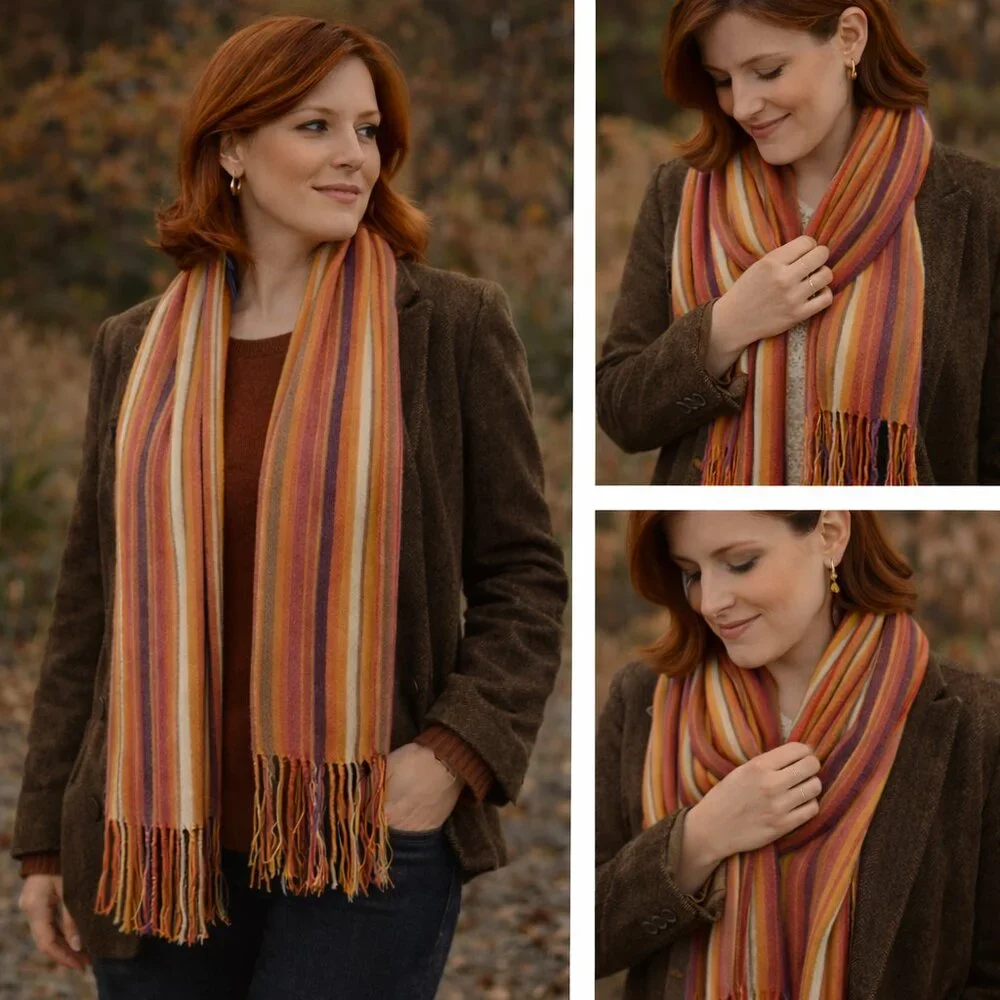 🌈 Vintage-Inspired Striped Fringe Scarf – Warm Autumn Tones – Oversized Wrap